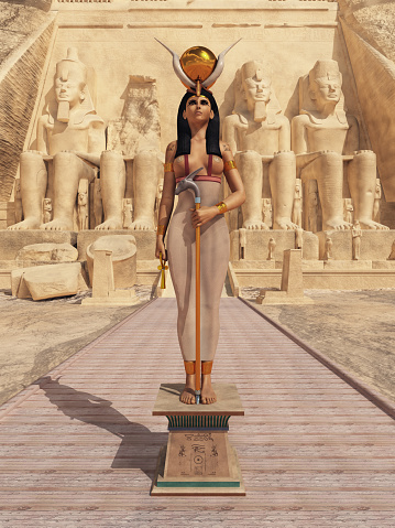 goddess-hathor-in-front-of-the-temple-of-abu-simbel-in-egypt-picture-id1182838697